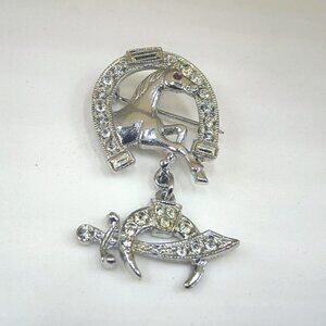 Vtg 1940s ORA Masonic Shriner Rhinestone Horse and Horseshoe Dangle Pin Brooch